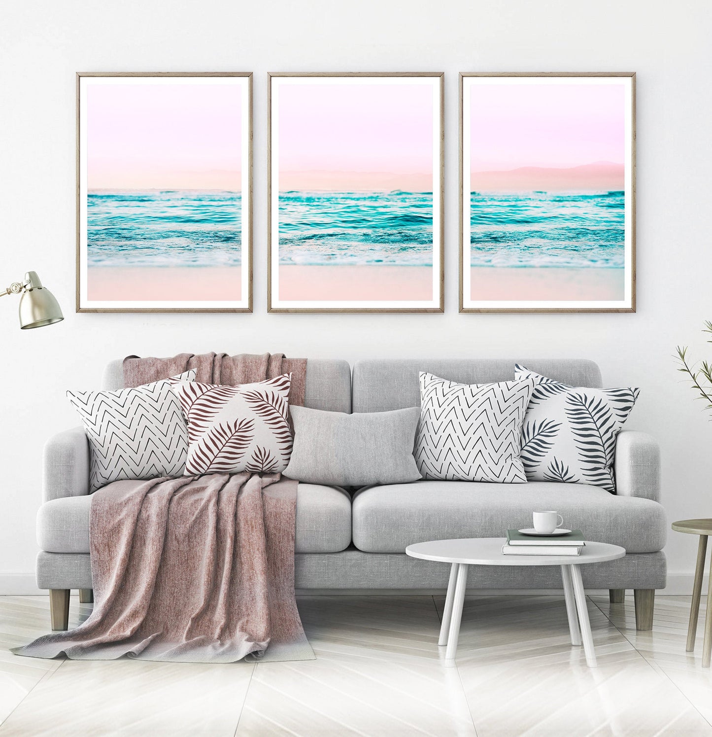 Pink Coastal Wall Art Set of 3 Prints with Ocean Beach Photo