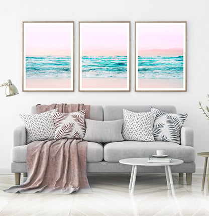 Pink Coastal Wall Art Set of 3 Prints with Ocean Beach Photo