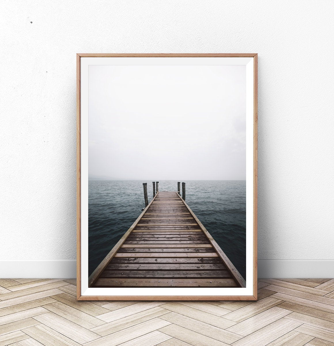 Minimalist Wooden Pier Print with Coastal Landscape