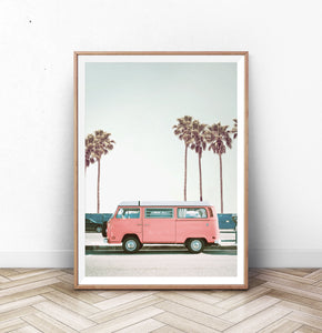 Pink Bus California Palm Beach Wall Art