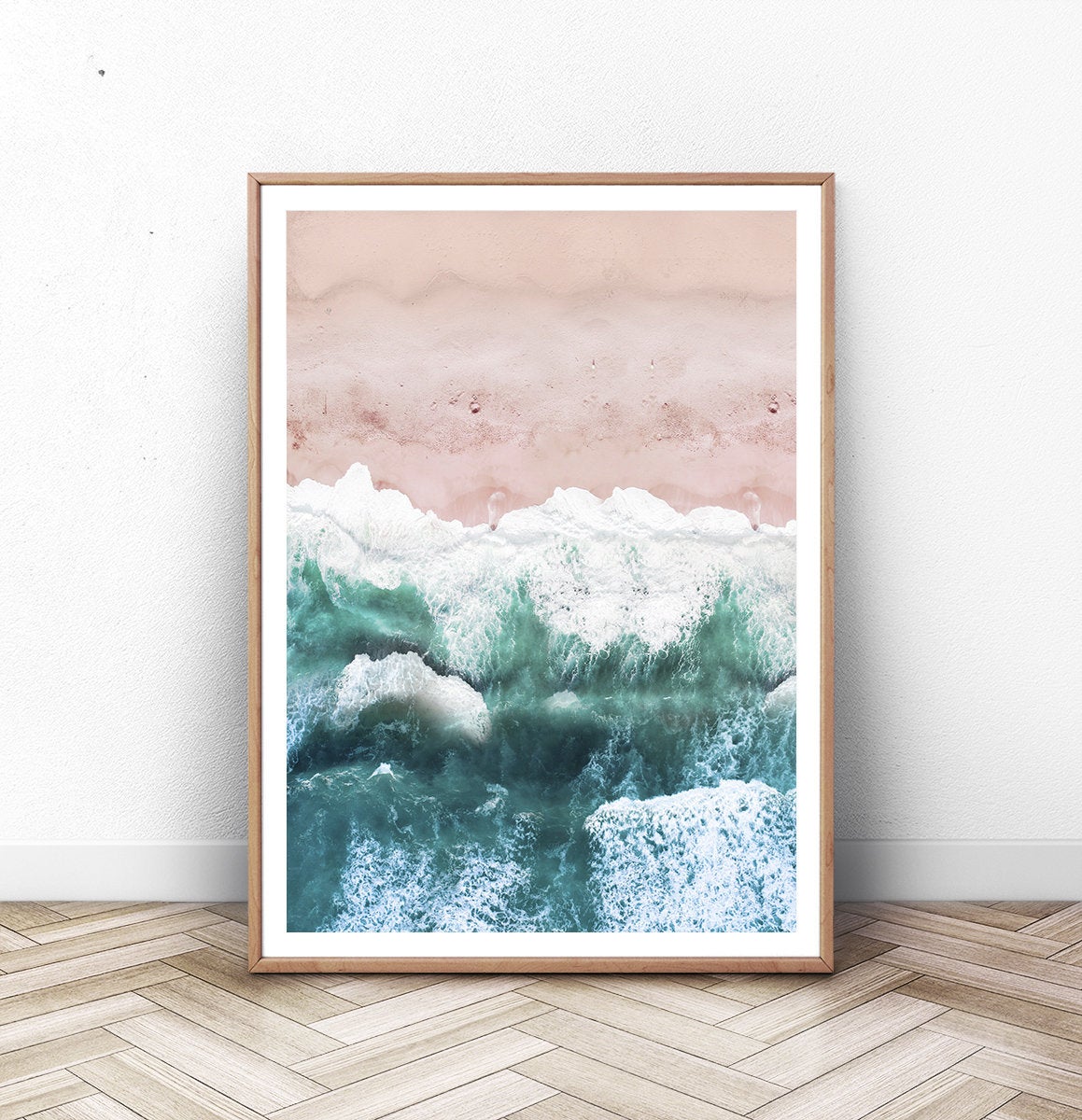 Pink Beach and Green Sea Water Aerial Photography Wall Art