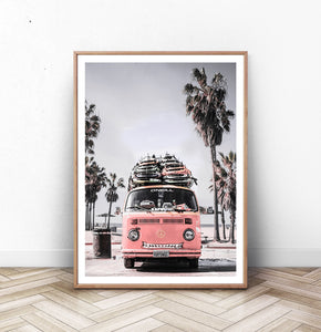 VW Pink Retro Bus Art Print with Front View