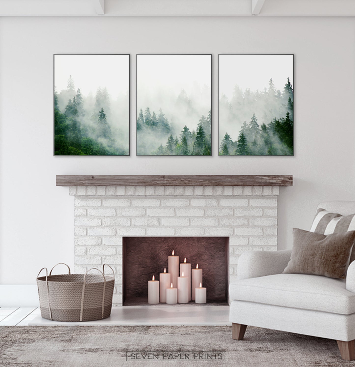 Set of 3 Foggy Forest Prints with Green Pine Trees