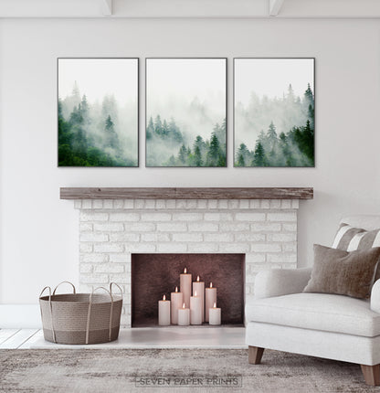 Set of 3 Foggy Forest Prints with Green Pine Trees