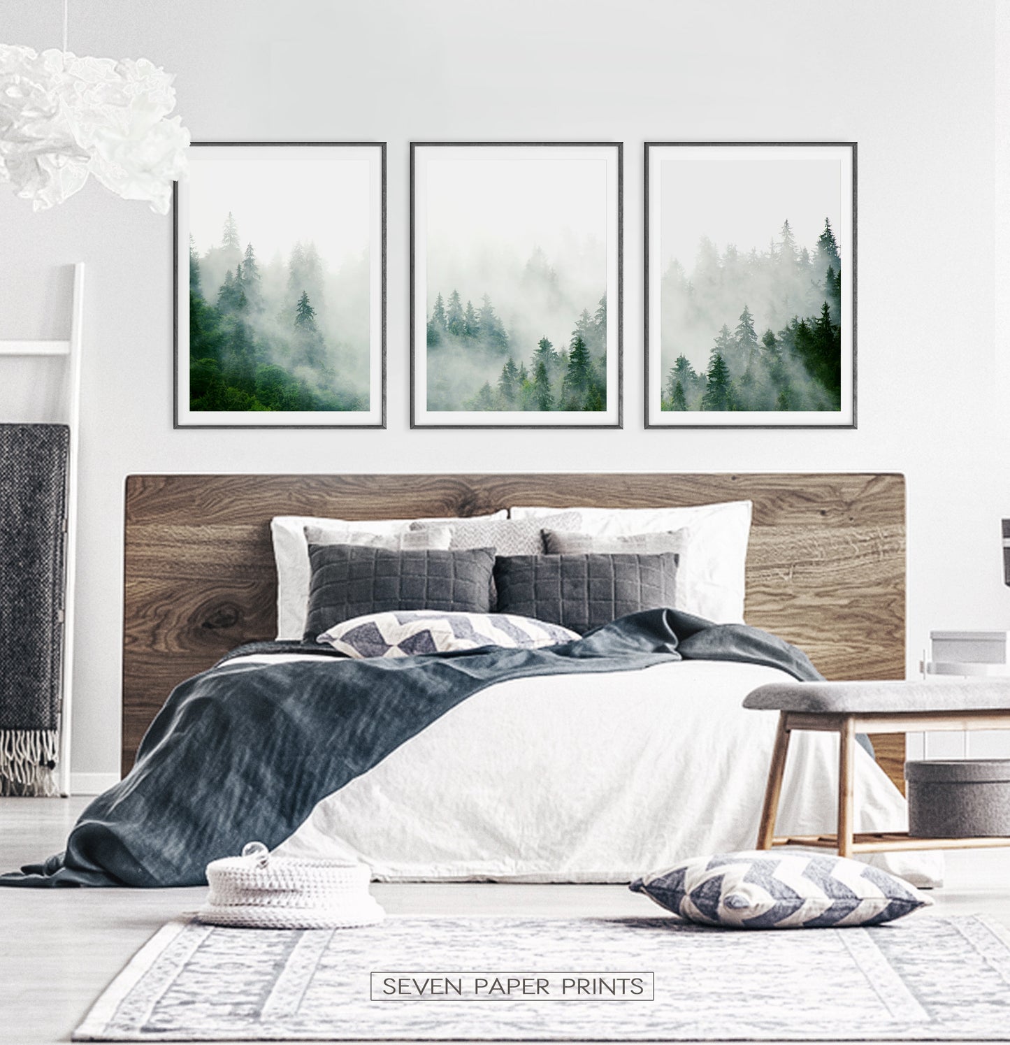 Set of 3 Foggy Forest Prints with Green Pine Trees