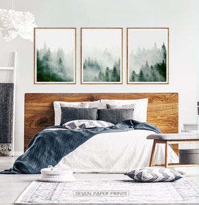 Set of 3 Foggy Forest Prints with Green Pine Trees