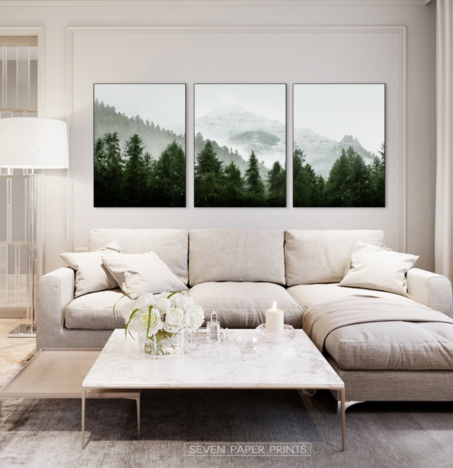 Set of 3 Green Mountain Forest Landscape Prints