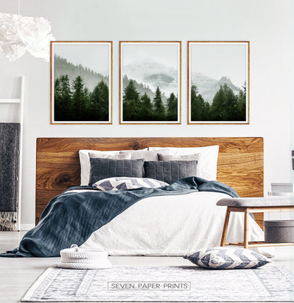 Set of 3 Green Mountain Forest Landscape Prints