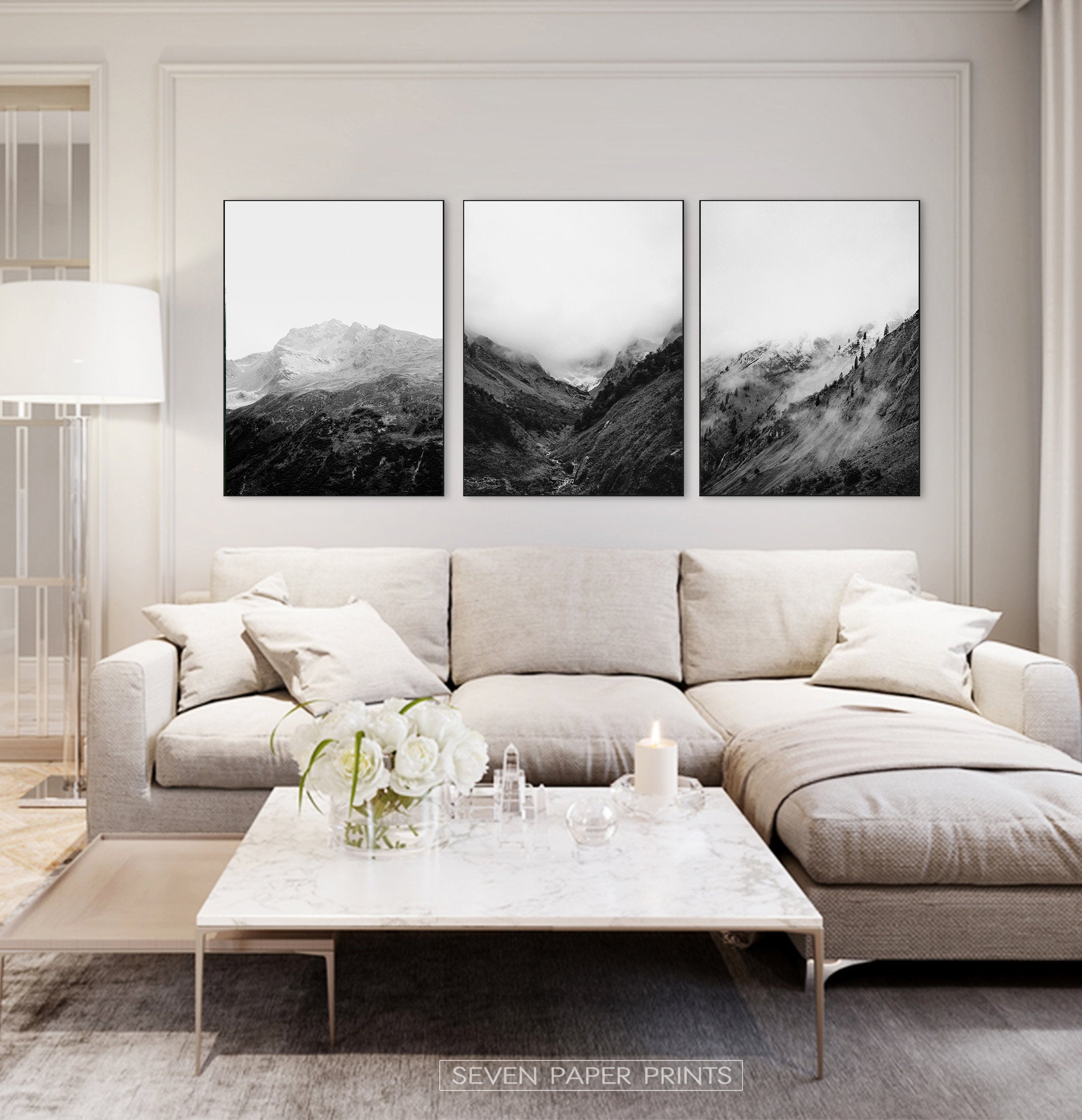 Black and White Foggy Mountain | Set of 3 Wall Arts – Seven Paper