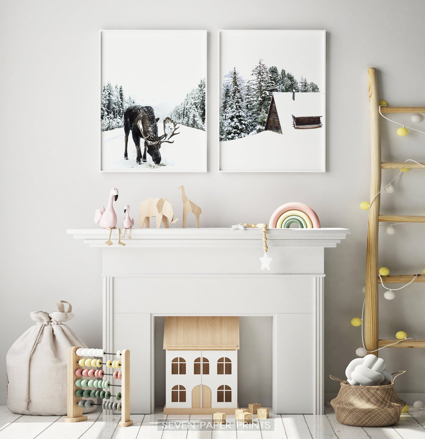 Winter Gallery Wall Decor Set of 6 Prints with Moose