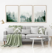Load image into Gallery viewer, Set of 3 Foggy Forest Prints with Green Pine Trees
