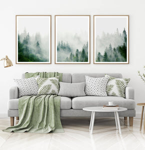 Set of 3 Foggy Forest Prints with Green Pine Trees