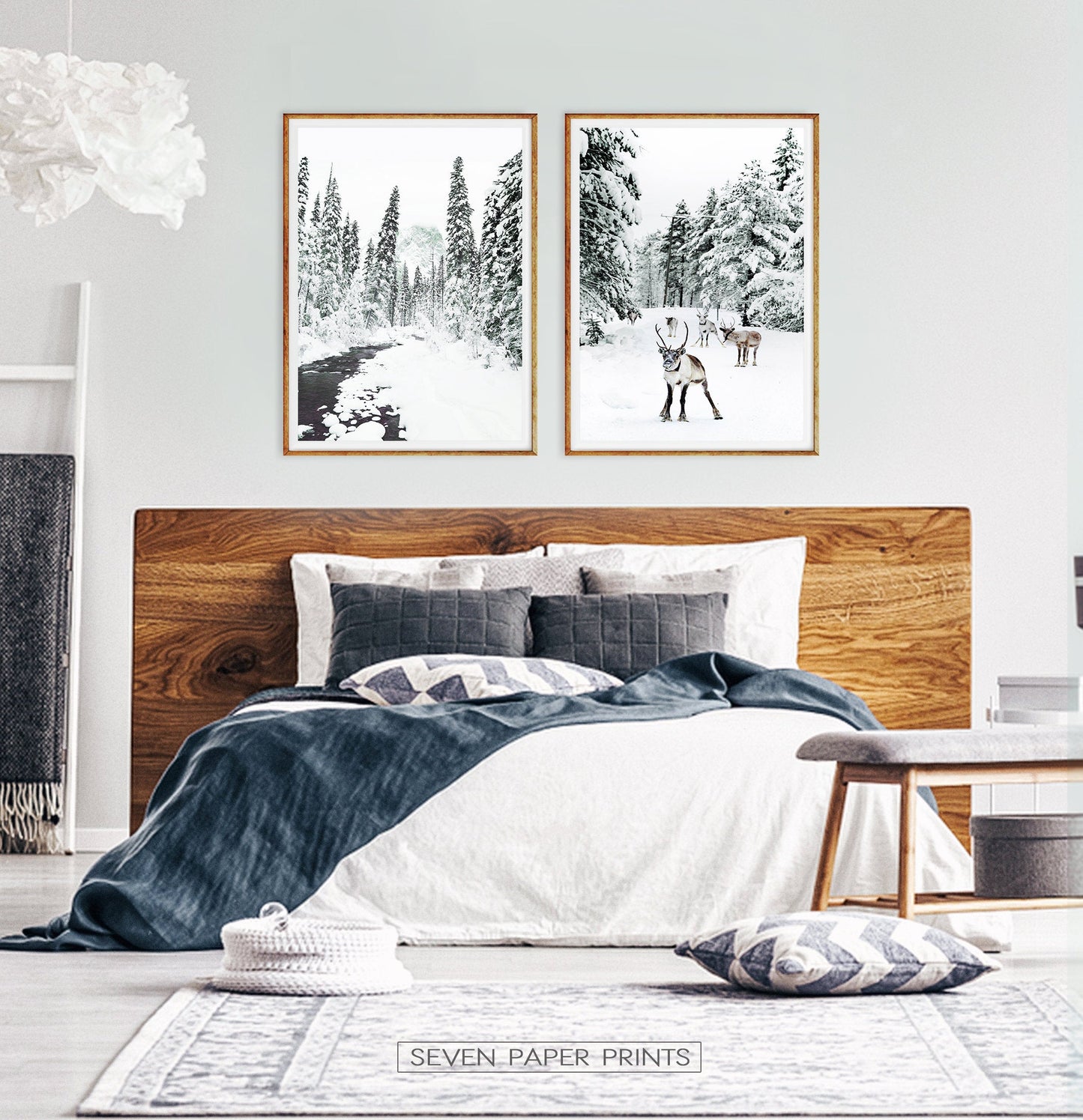 Set of 2 Christmas Scene Prints with Reindeer and River