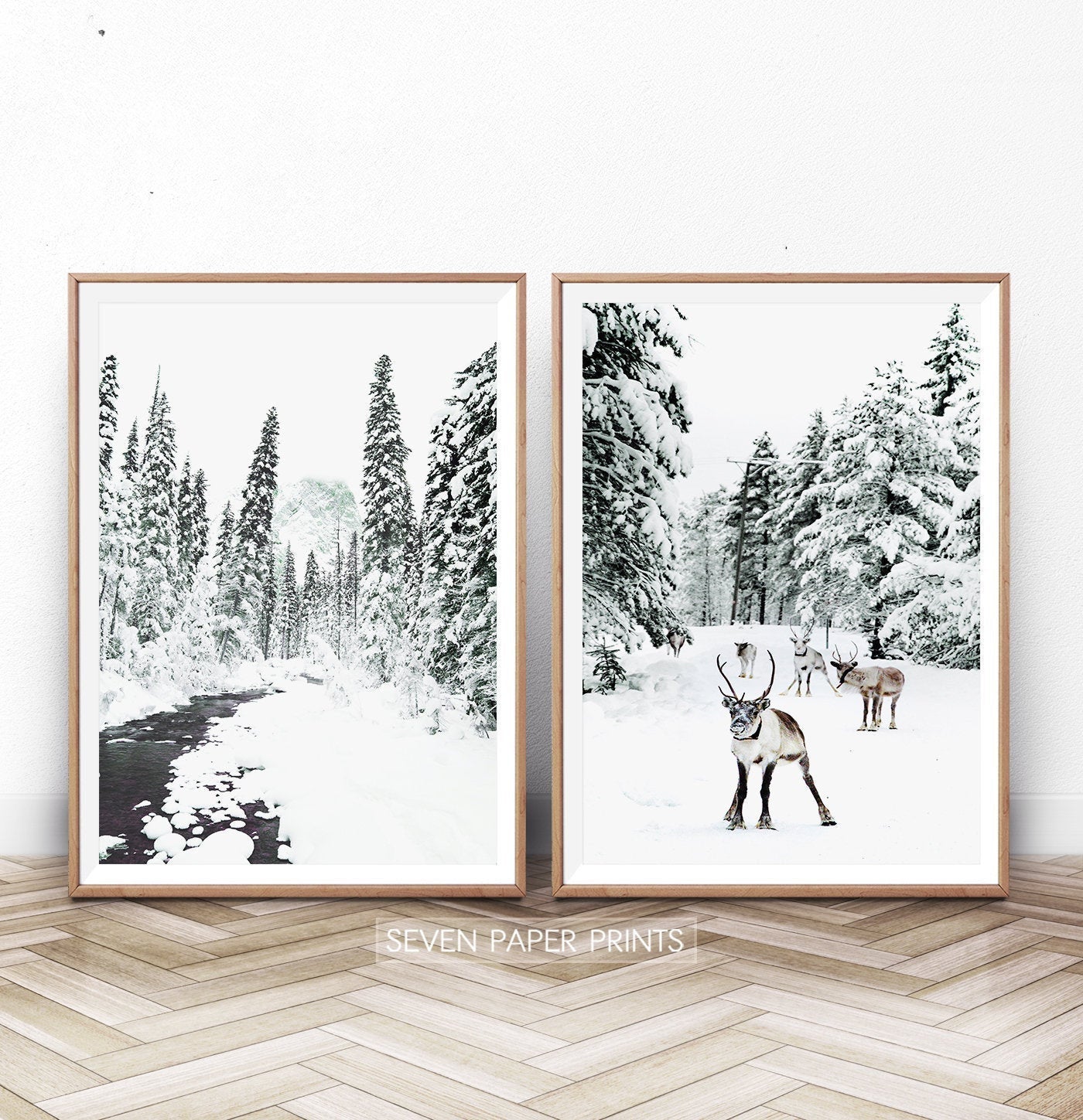 Set of 2 Christmas Scene Prints with Reindeer and River