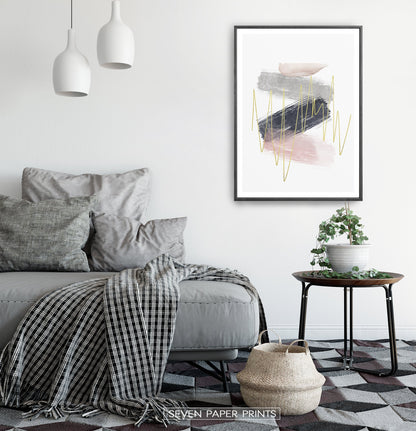Abstract Brush Print with Gold, Gray, Pink, and Blue Colors