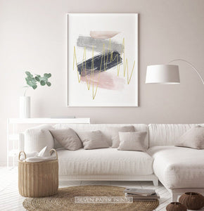 Abstract Brush Print with Gold, Gray, Pink, and Blue Colors