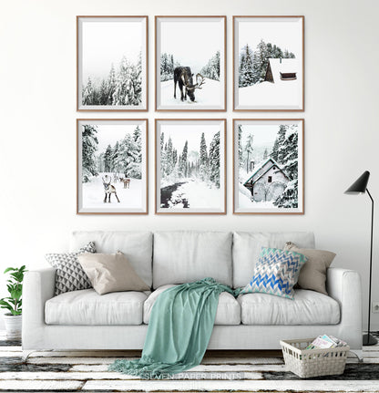 Winter Gallery Wall Decor Set of 6 Prints with Moose