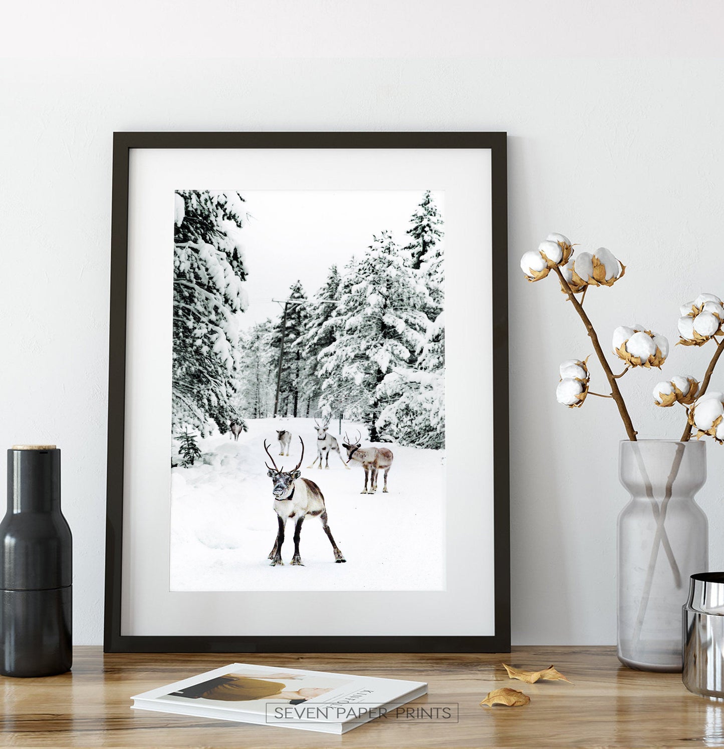 Set of 2 Christmas Scene Prints with Reindeer and River