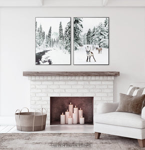 Set of 2 Christmas Scene Prints with Reindeer and River