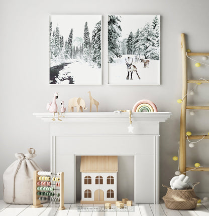 Set of 2 Christmas Scene Prints with Reindeer and River