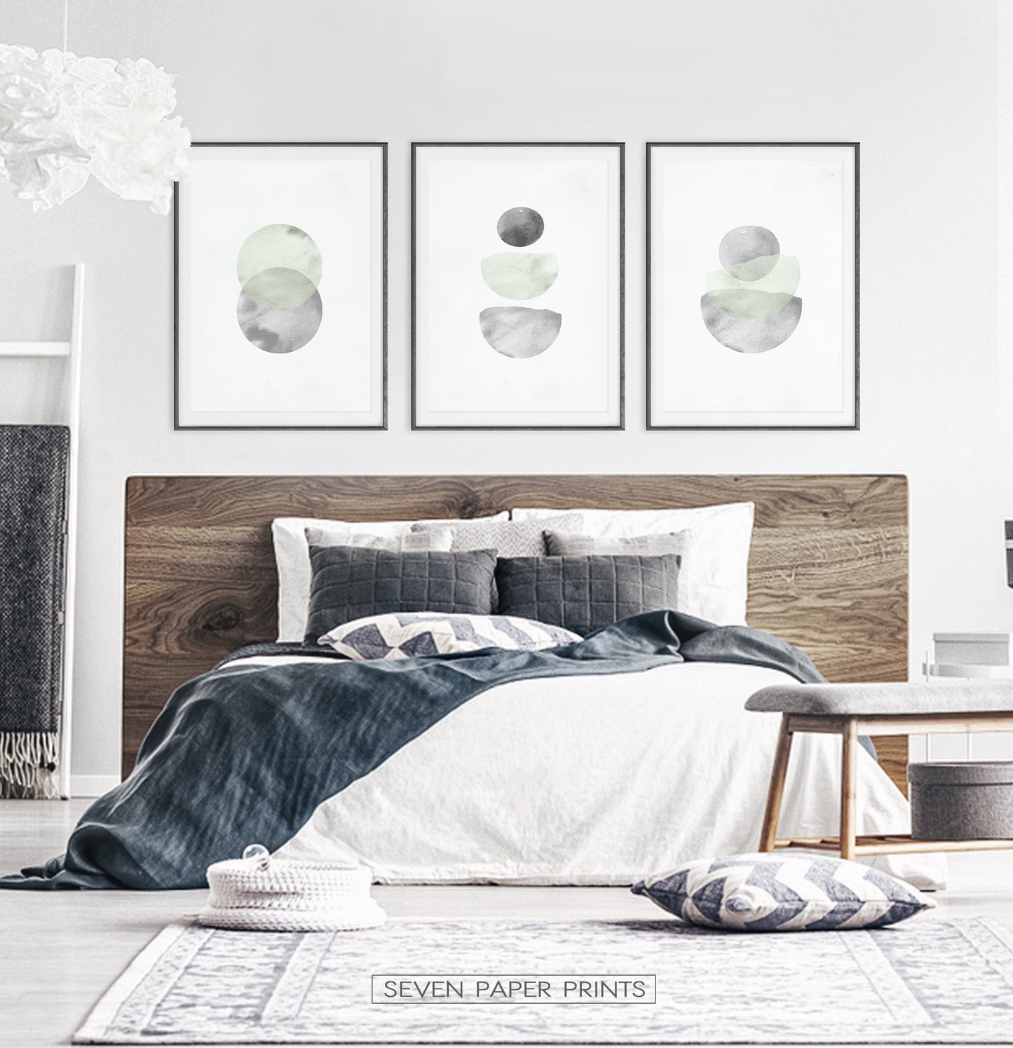 Nordic Abstract Art Gray and Green Set of 3 Artworks