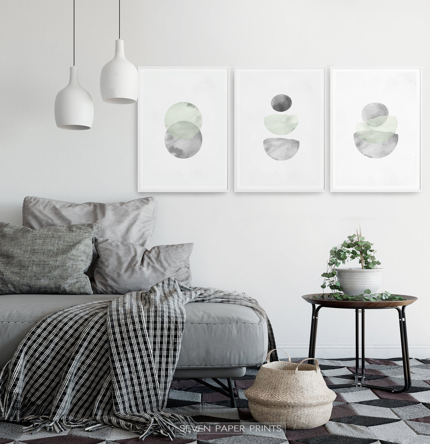 Nordic Abstract Art Gray and Green Set of 3 Artworks