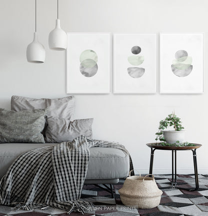 Nordic Abstract Art Gray and Green Set of 3 Artworks