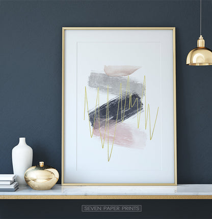 Abstract Brush Print with Gold, Gray, Pink, and Blue Colors