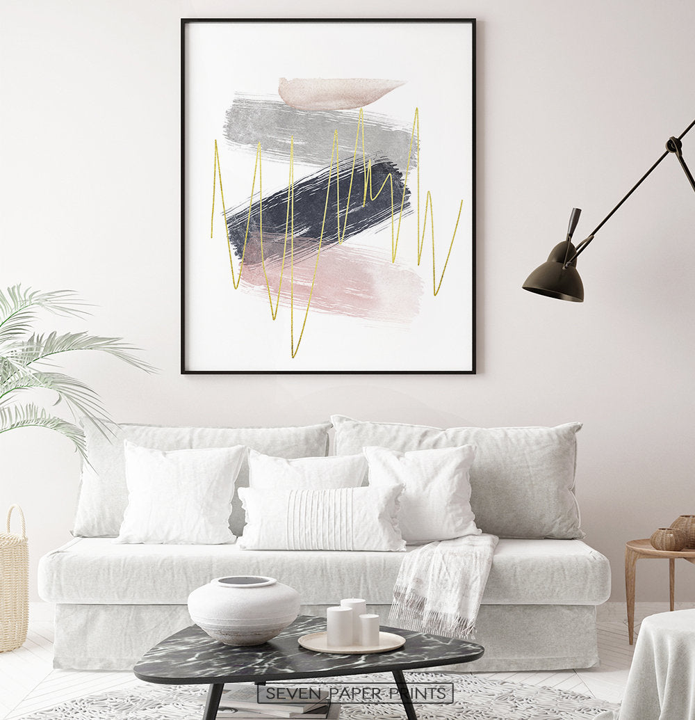 Abstract Brush Print with Gold, Gray, Pink, and Blue Colors