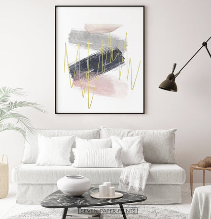 Abstract Brush Print with Gold, Gray, Pink, and Blue Colors