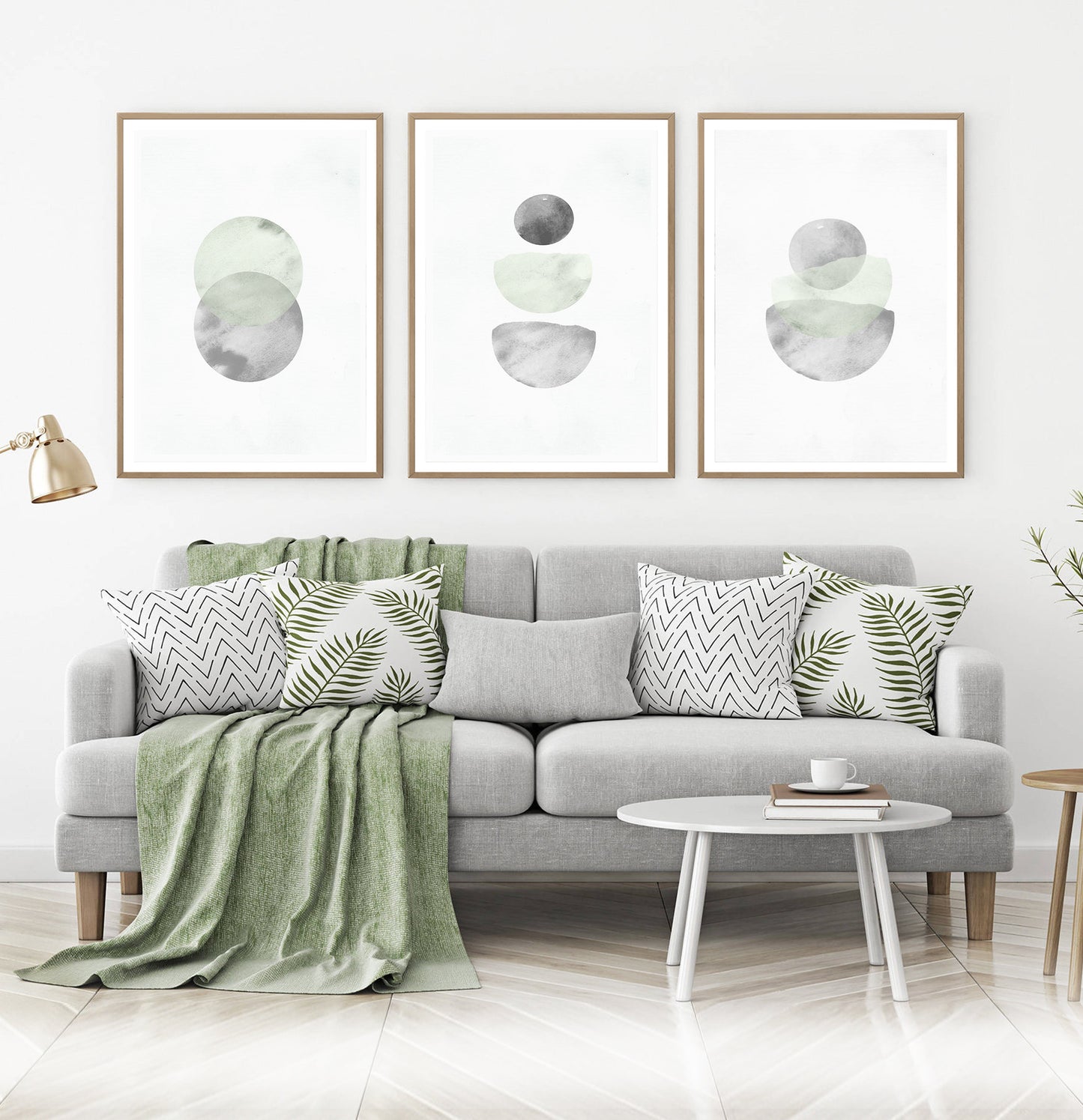 Nordic Abstract Art Gray and Green Set of 3 Artworks
